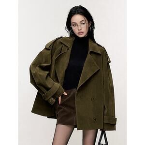 Commense Lapel Loose Suede Jacket - XS - Army Green